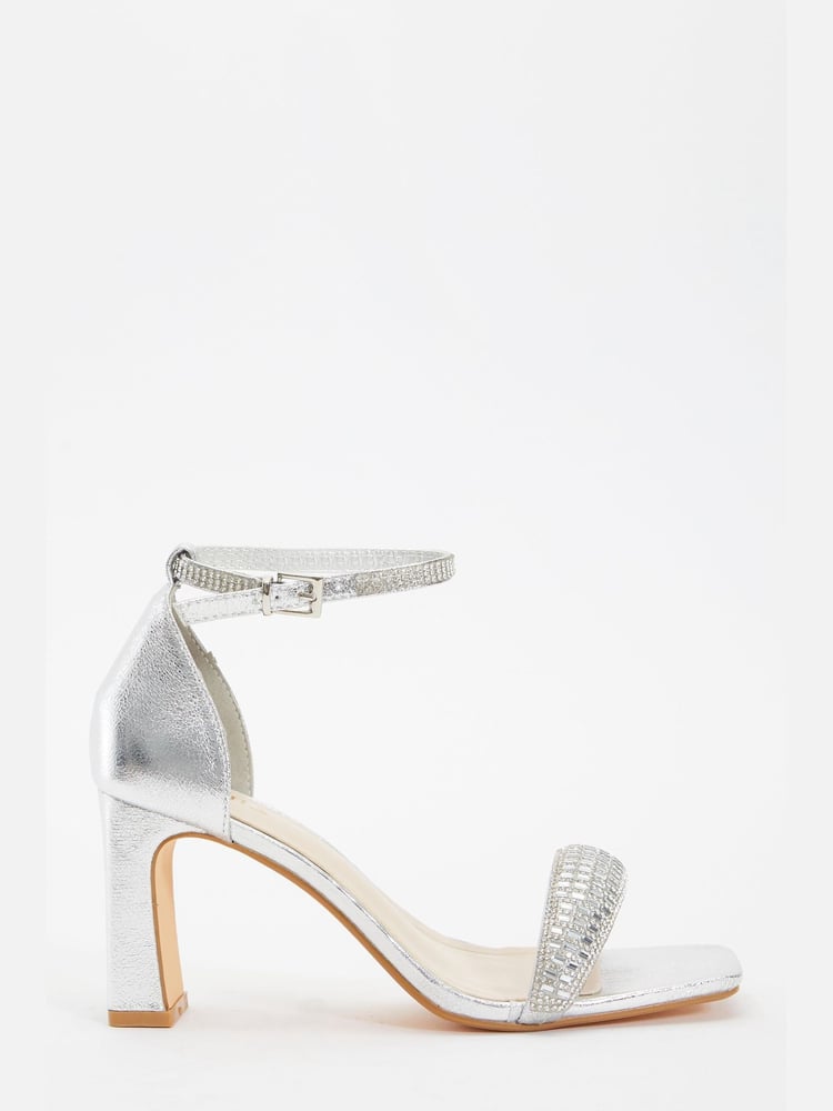 Quiz Silver PU Diamante Strap Heel Sandals - Image 1 of 5