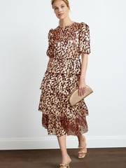 Brown Foil Print Plissé Tiered Short Sleeve Midi Dress - Image 1 of 5
