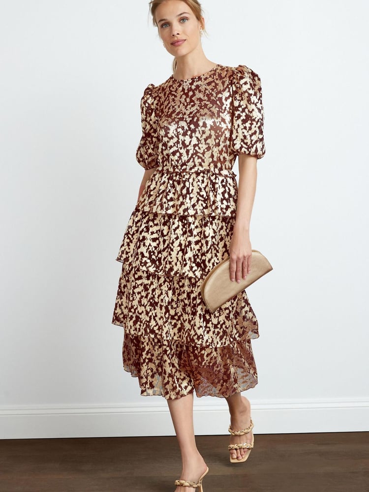 Brown Foil Print Plissé Tiered Short Sleeve Midi Dress - Image 1 of 5
