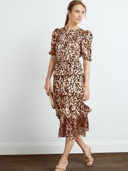 Brown Foil Print Plissé Tiered Short Sleeve Midi Dress - Image 2 of 5