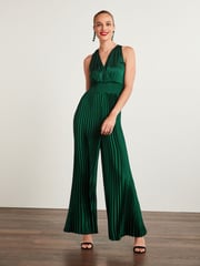 Green Satin Wrap Front Pleated Jumpsuit - Image 1 of 5