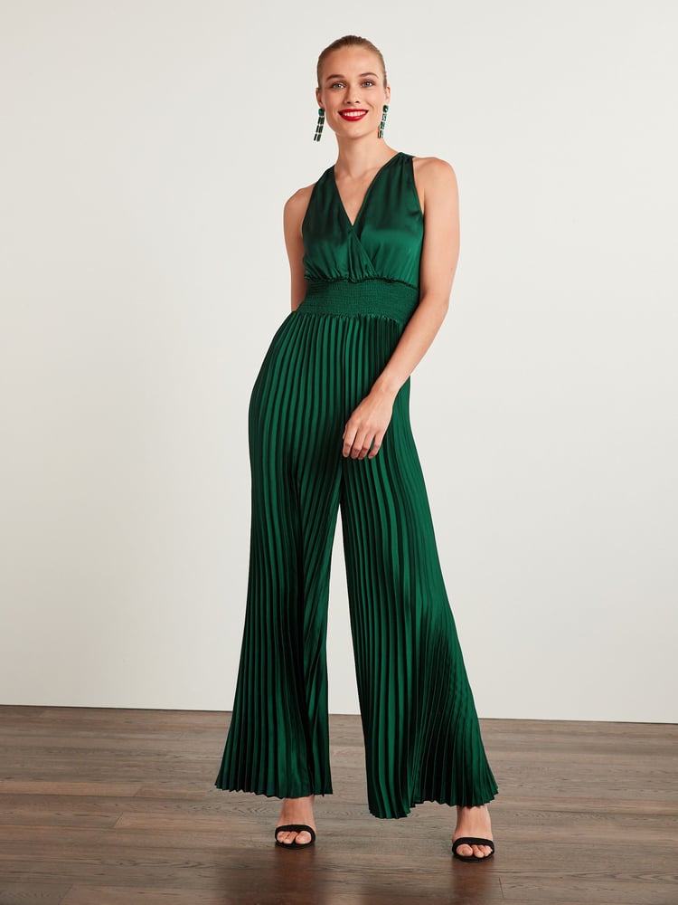 Green Satin Wrap Front Pleated Jumpsuit - Image 1 of 5