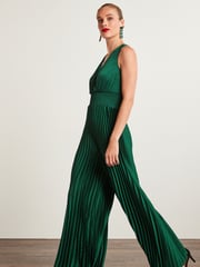 Green Satin Wrap Front Pleated Jumpsuit - Image 2 of 5