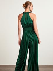 Green Satin Wrap Front Pleated Jumpsuit - Image 3 of 5