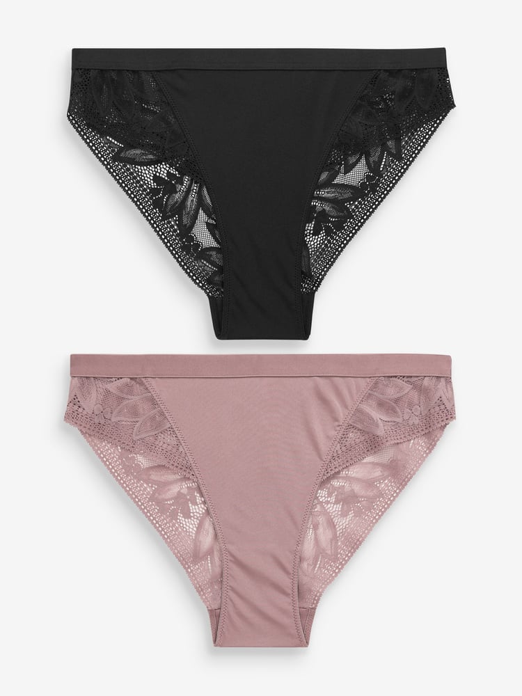 Black/Mauve Purple High Leg Microfibre & Lace Knickers 2 Pack - Image 1 of 9