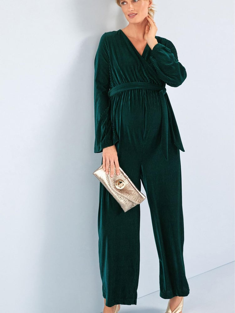 Emerald Green Maternity/Nursing Velvet Jumpsuit - Image 1 of 6