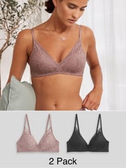 Black/Mauve Purple Pad Non Wire Lace Detail Ultimate Comfort Bras 2 Pack - Image 1 of 12