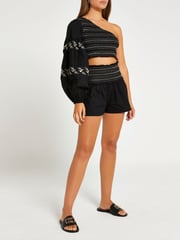 River Island Black One Shoulder Shirred Beach Top - Image 1 of 5