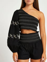 River Island Black One Shoulder Shirred Beach Top - Image 2 of 5