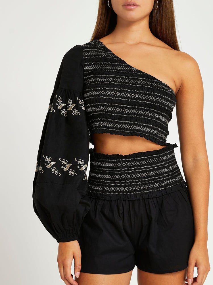 River Island Black One Shoulder Shirred Beach Top - Image 2 of 5