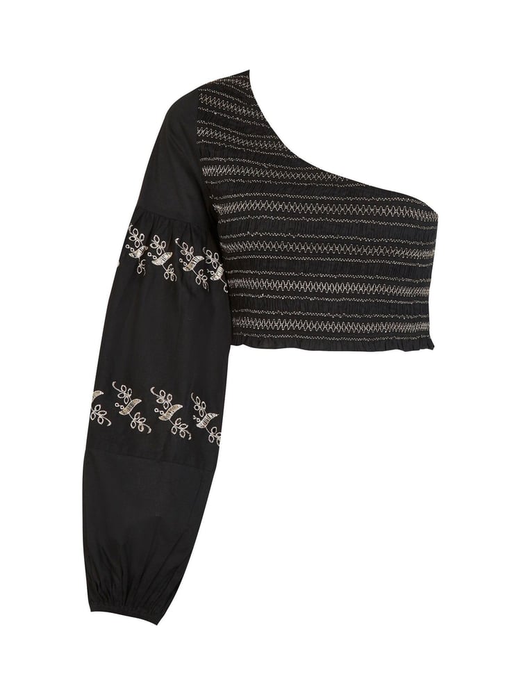 River Island Black One Shoulder Shirred Beach Top - Image 5 of 5