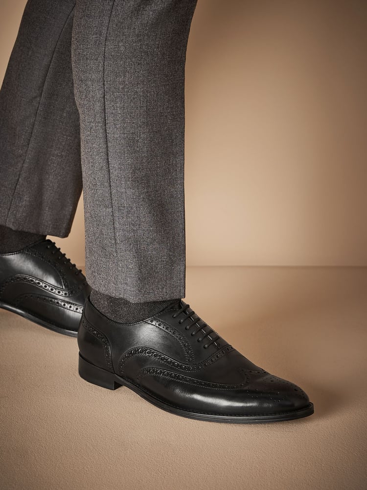 Black Wide Fit Signature Italian Leather Wing Cap Brogues - Image 1 of 5