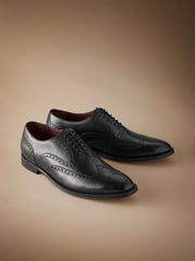 Black Wide Fit Signature Italian Leather Wing Cap Brogues - Image 2 of 5