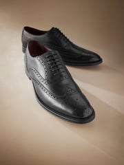 Black Wide Fit Signature Italian Leather Wing Cap Brogues - Image 4 of 5