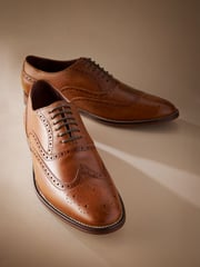 Tan Brown Wide Fit Signature Italian Leather Wing Cap Brogues - Image 2 of 5