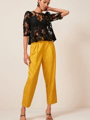 Ochre Yellow Satin Jacquard Trousers - Image 1 of 5
