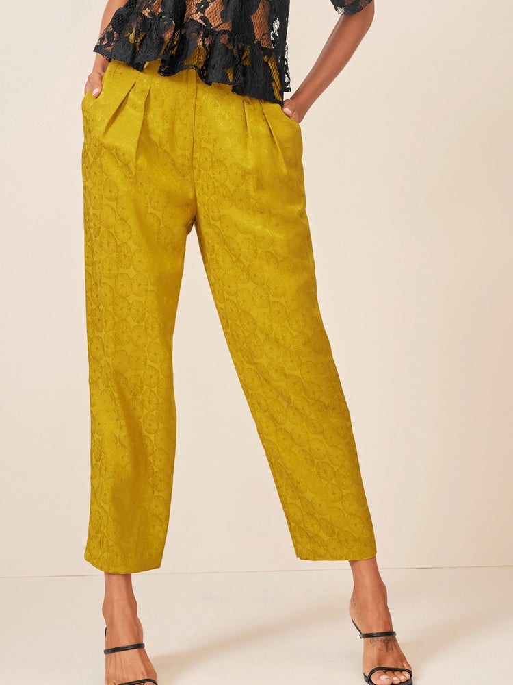 Ochre Yellow Satin Jacquard Trousers - Image 2 of 5