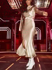 Rochelle Champagne Gold Satin Cowl Neck Midi Dress - Image 1 of 1