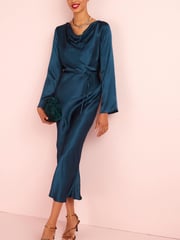 Navy Blue Satin Cowl Neck Midi Dress - Image 2 of 5