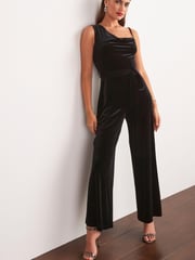 Black Velvet One Shoulder Wide Leg Jumpsuit - Image 2 of 5