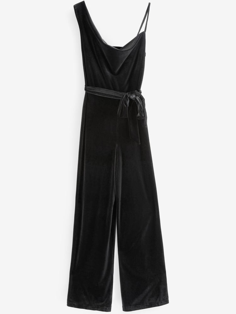 Black Velvet One Shoulder Wide Leg Jumpsuit - Image 5 of 5