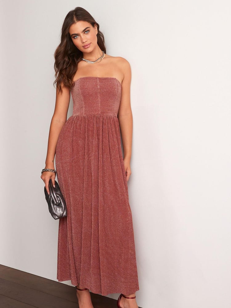 Red Metallic Corset Detail Strapless Midi Dress - Image 1 of 5