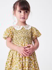 Ochre Yellow Floral Printed Lace Collar Shirred Cotton Dress (3mths-8yrs) - Image 1 of 6