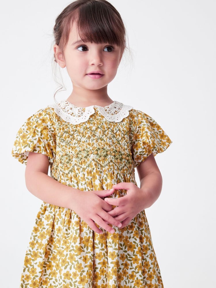 Ochre Yellow Floral Printed Lace Collar Shirred Cotton Dress (3mths-8yrs) - Image 1 of 6