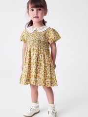 Ochre Yellow Floral Printed Lace Collar Shirred Cotton Dress (3mths-8yrs) - Image 2 of 6