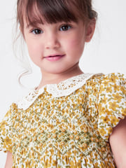 Ochre Yellow Floral Printed Lace Collar Shirred Cotton Dress (3mths-8yrs) - Image 4 of 6