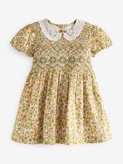 Ochre Yellow Floral Printed Lace Collar Shirred Cotton Dress (3mths-8yrs) - Image 5 of 6