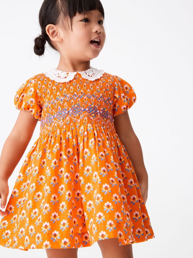 Orange Geo Printed Lace Collar Shirred Cotton Dress (3mths-8yrs) - Image 1 of 6