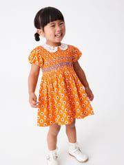 Orange Geo Printed Lace Collar Shirred Cotton Dress (3mths-8yrs) - Image 2 of 6