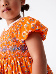 Orange Geo Printed Lace Collar Shirred Cotton Dress (3mths-8yrs) - Image 4 of 6