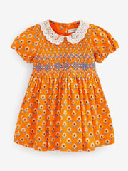 Orange Geo Printed Lace Collar Shirred Cotton Dress (3mths-8yrs) - Image 5 of 6