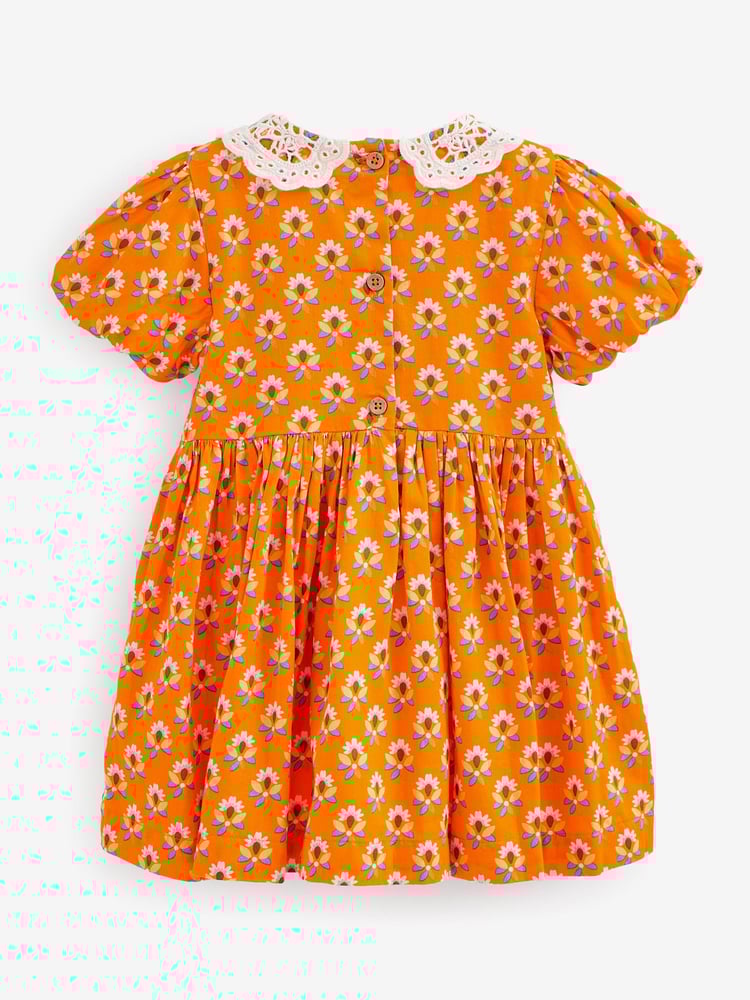 Orange Geo Printed Lace Collar Shirred Cotton Dress (3mths-8yrs) - Image 6 of 6