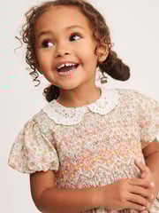 Pink Ditsy Sparkle Printed Lace Collar Shirred Cotton Dress (3mths-8yrs) - Image 3 of 5