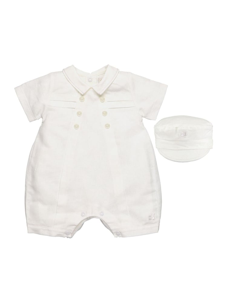 Emile Et Rose White Traditional Linen Romper And Baker Boy Hat Set - Image 2 of 3