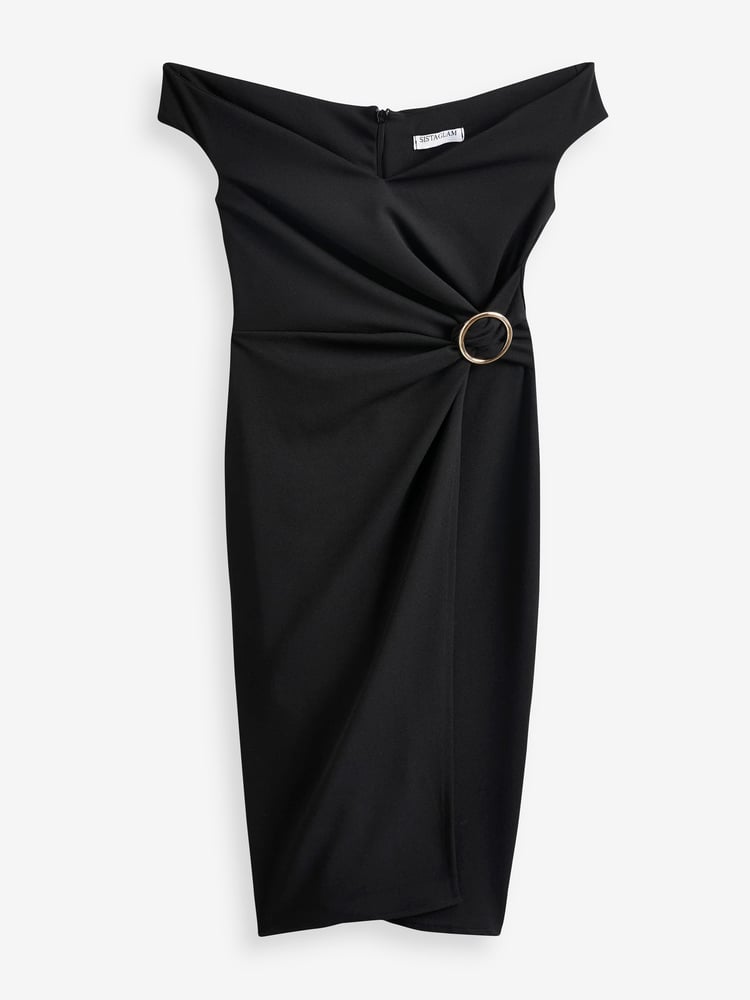 Sistaglam Black Bardot Midi Dress with Belt Detail - Image 5 of 5