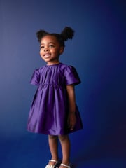 Purple Pleat Detail Short Sleeve Taffeta Dress (3mths-10yrs) - Image 1 of 8