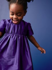 Purple Pleat Detail Short Sleeve Taffeta Dress (3mths-10yrs) - Image 5 of 8