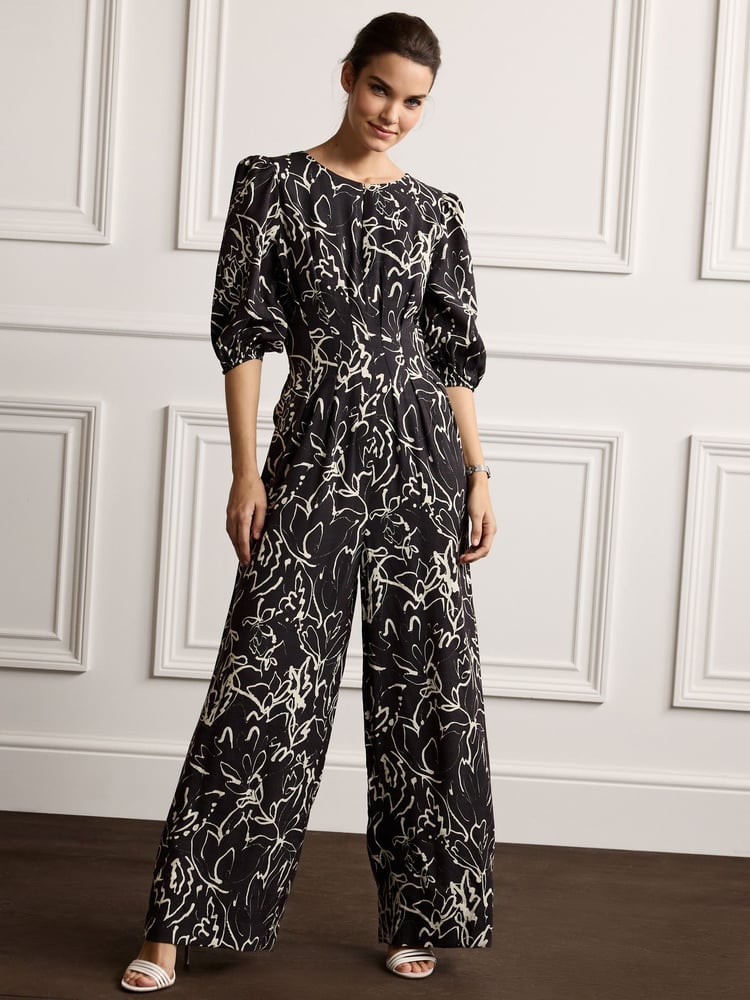 Black/Ecru Cream Abstract Print Jumpsuit - Image 1 of 4