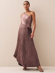 Pink One Shoulder Metallic Pleated Midi Dress - Image 1 of 5