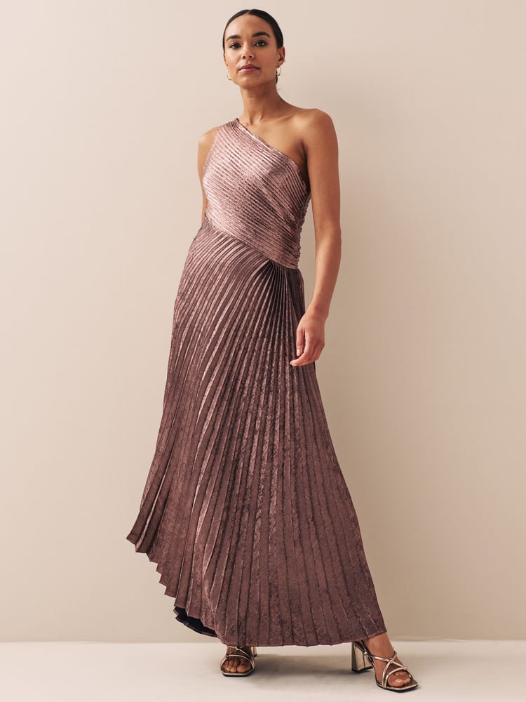 Pink One Shoulder Metallic Pleated Midi Dress - Image 1 of 5
