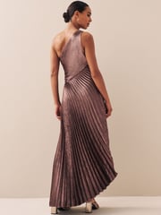 Pink One Shoulder Metallic Pleated Midi Dress - Image 2 of 5