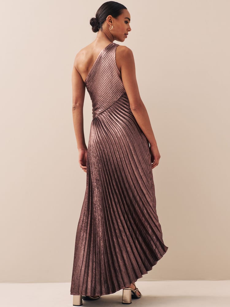 Pink One Shoulder Metallic Pleated Midi Dress - Image 2 of 5
