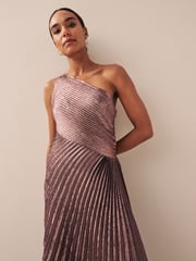 Pink One Shoulder Metallic Pleated Midi Dress - Image 3 of 5