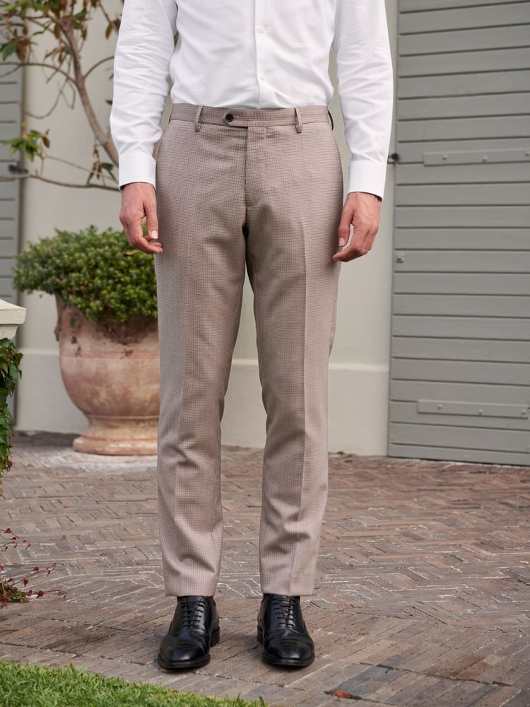 Taupe Brown Slim Fit Wool Blend Check Suit: Trousers - Image 1 of 7