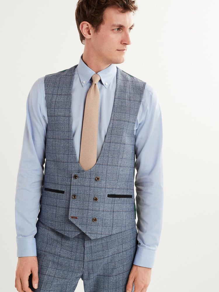 Mid Blue Check Suit Waistcoat - Image 1 of 8 Mid Blue Check Suit Waistcoat - Image 1 of 8