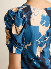 Navy Blue Floral Ruched V-Neck Short Sleeve Midi Tea Dress - Image 4 of 5